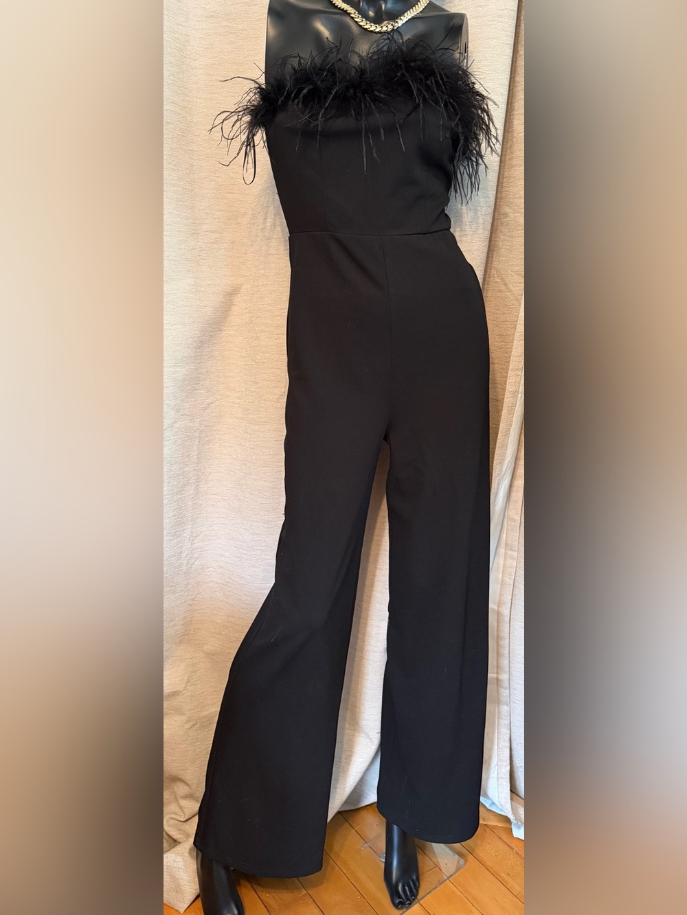 Lovely Day Black Strapless Feather-Trim Jumpsuit